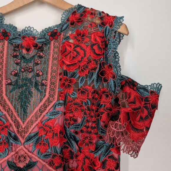 Marchesa Notte Carmelita Red Pink Floral Lace Midi Dress Cold Shoulder Size 8 - Picture 4 of 10